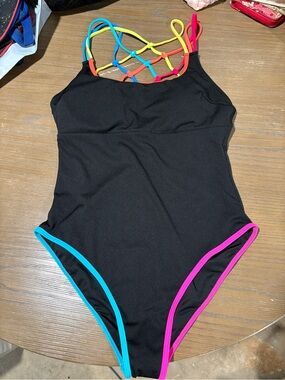 Black One-Piece Swimsuit with Multicolor Strappy Back